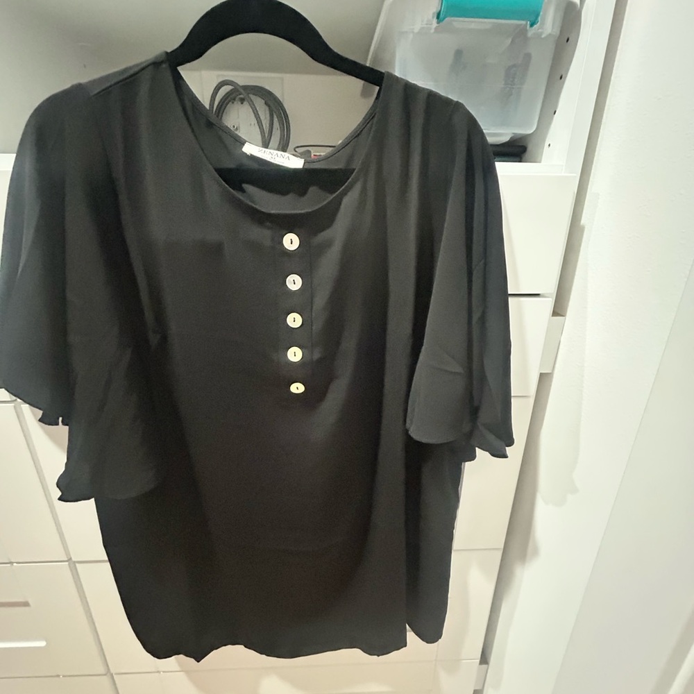 Black Button-Detail Women's Top with flutter sleeves